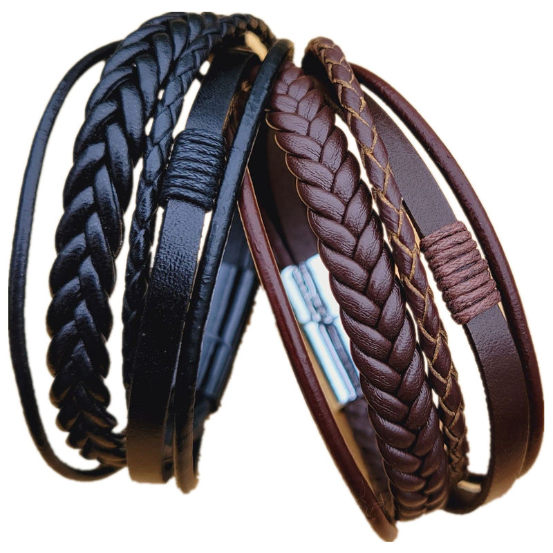 Men's Trendy Cowhide String Woven Leather Alloy Magnetic Bracelet