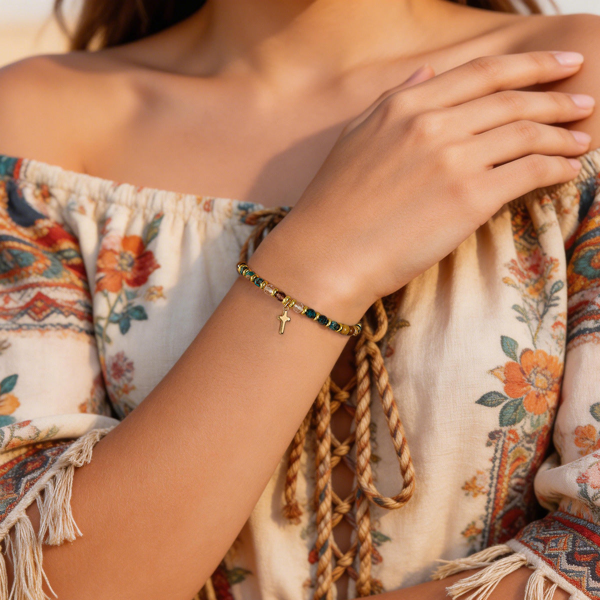 Women's Portia Vacation Style Copper Cross Natural Stone Beaded Adjustable Card Bracelets