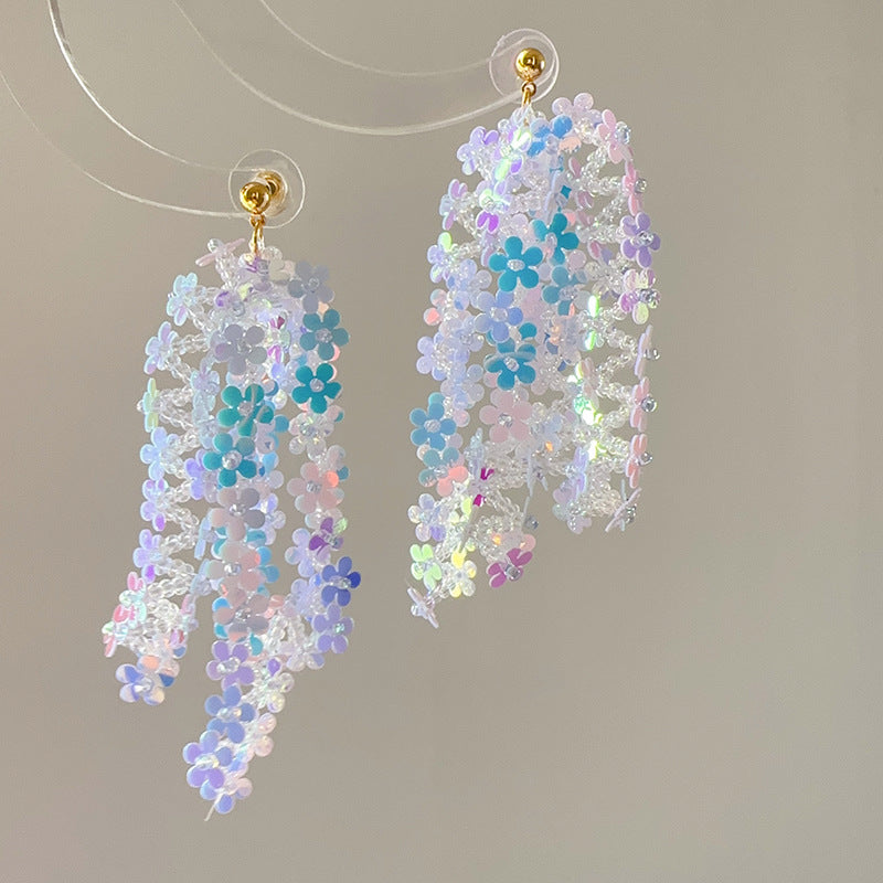 Laser Sequined Flower Tassel Vacation Style Earrings