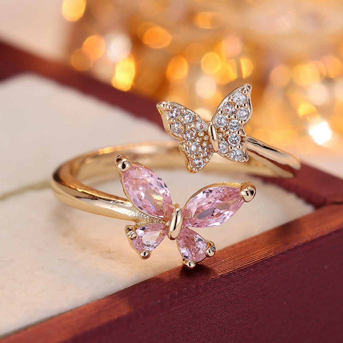 Inlaid Zirconium Double Butterfly Open Light Luxury Minority Design Fashion Rings