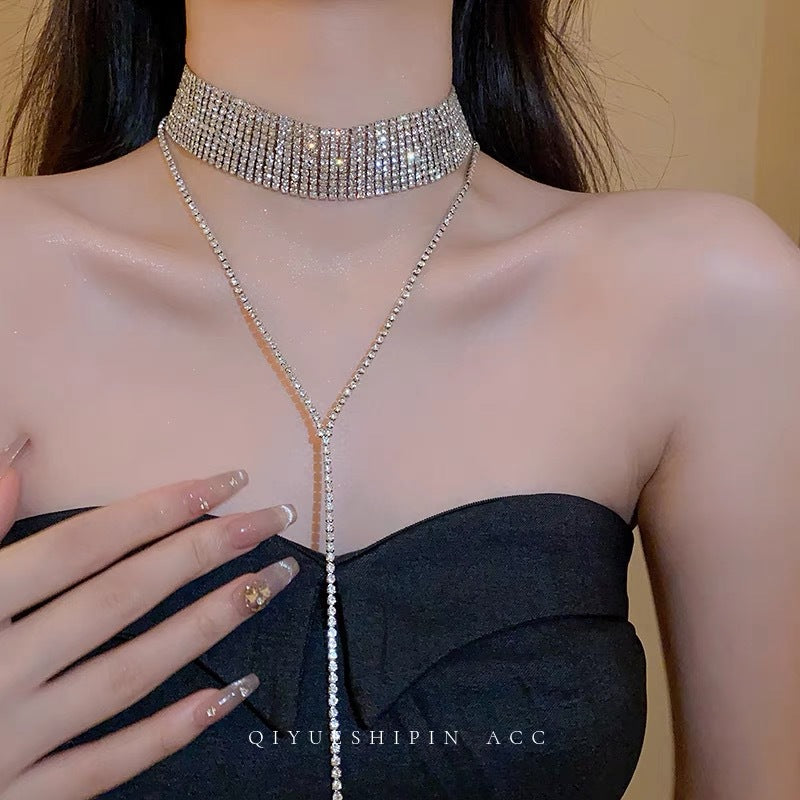Women's Wide Tassel Nightclub Temperament Rhinestone Collar Clavicle Necklace