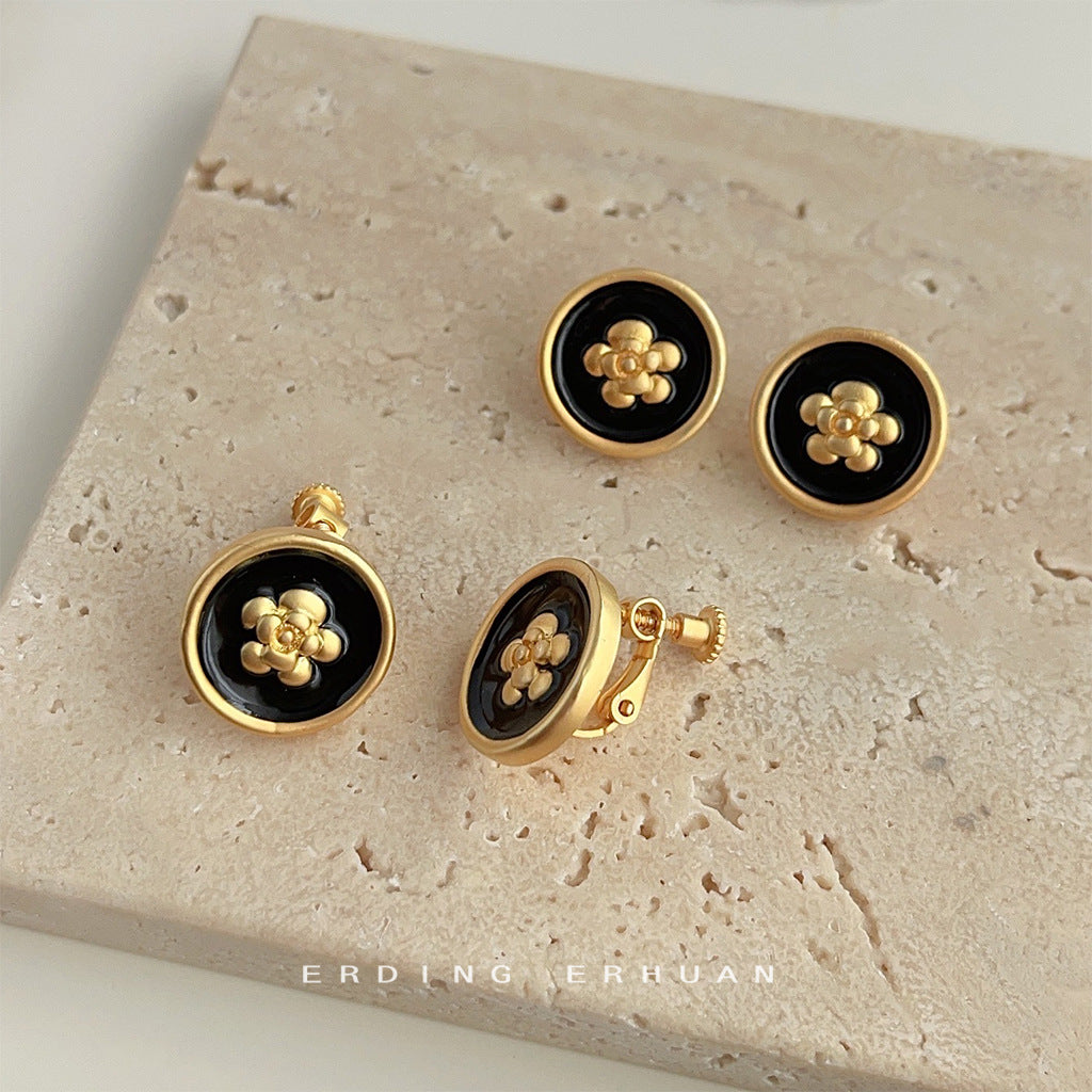 Women's Style Matte Black Drip Glazed Camellia Earrings