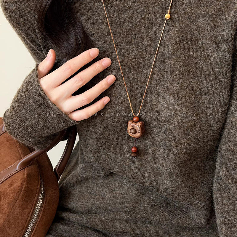 Cute Thing Coming Wooden Bear Female Long Sweater Chain Niche Necklace