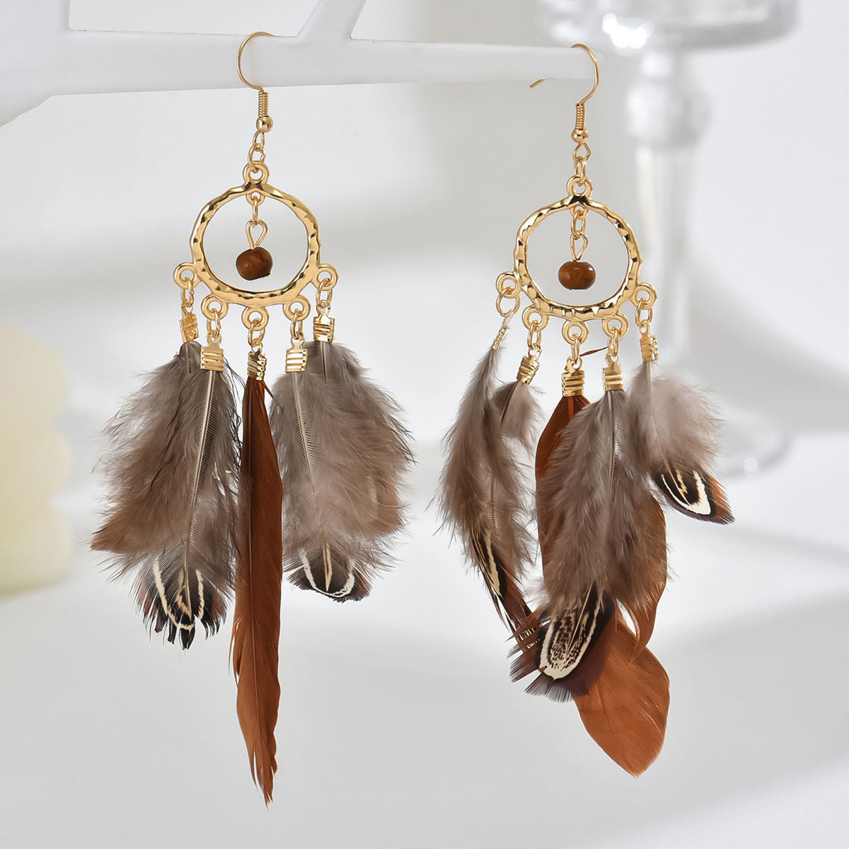 Personality Round Bead Feather Tassel Long Bohemian Earrings