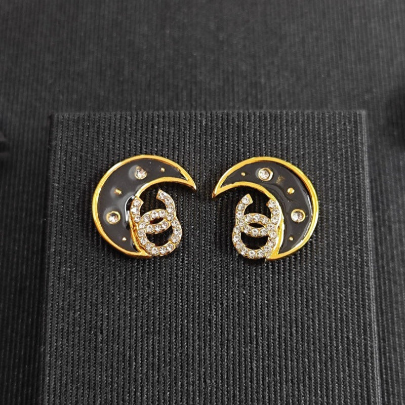Women's Pairs Of Rhinestone Letters Light Luxury High Sense Moon Sier Earrings