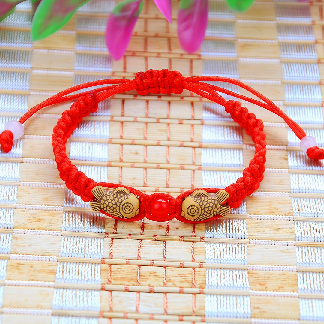 Women's & Men's Moon Peach Pit Woven Hand Strap Small Fish Red Rope Bracelet