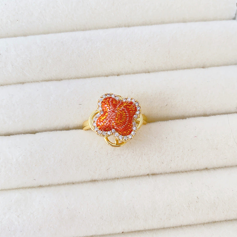 Style Song Dynasty Brocade Clover Rotatable Finished Delicate Rhinestone Copper Rings