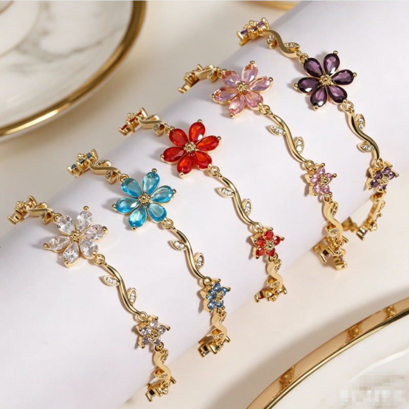 Light Luxury Diamond Five Petal Flower Branch Leaf Creative Petals Bracelets