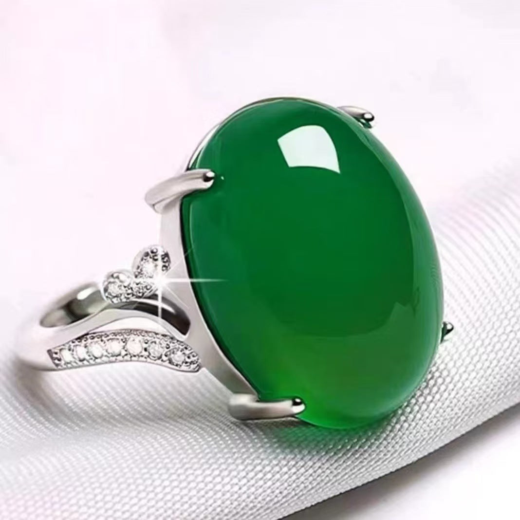 Imitation Pure Natural Agate Female Sier Plated Green Chalcedony Rings