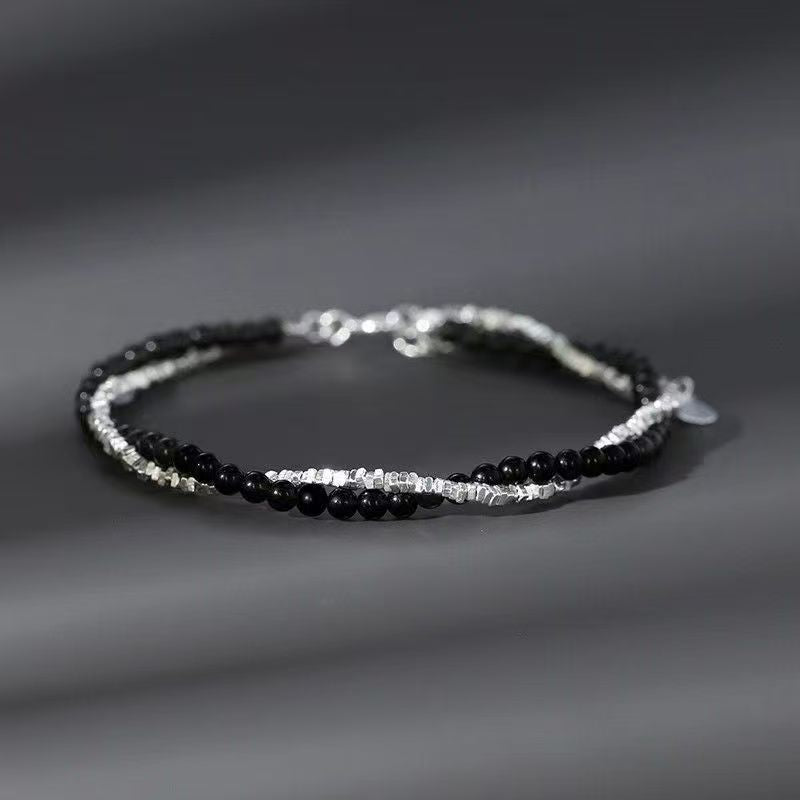 Men's Sier Winding Fashionable Personalized Cold Style Wind Black Beaded Bracelets