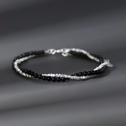 Men's Sier Winding Fashionable Personalized Cold Style Wind Black Beaded Bracelets