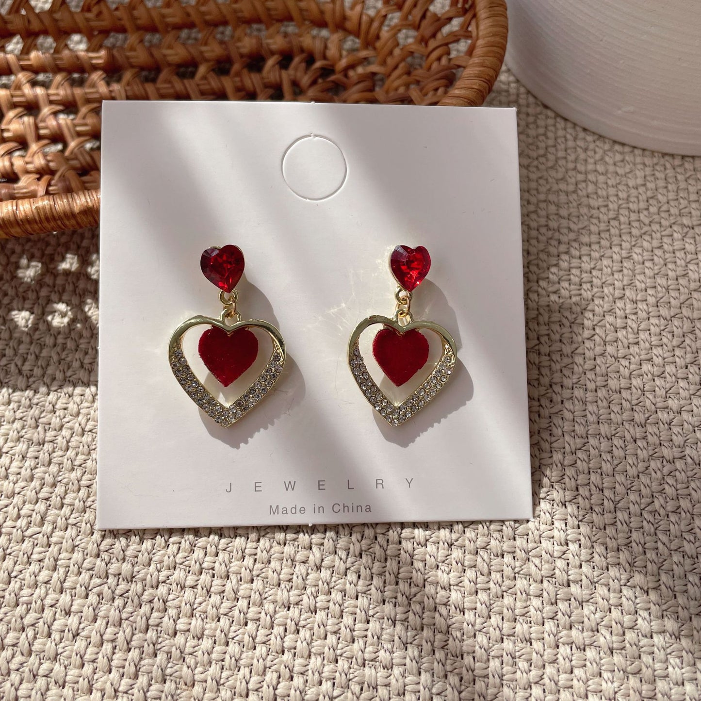 Bridal Red Veet Bow Heart Pearl Toast Earrings