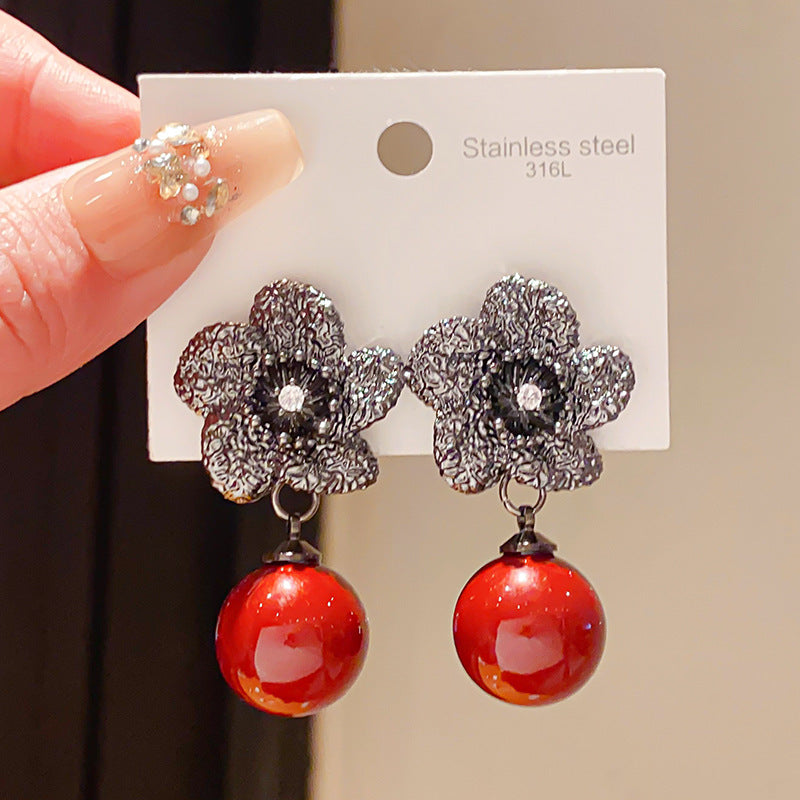 Women's Sier Needle Light Luxury Zircon Flower Artificial Pearl Style Niche Earrings