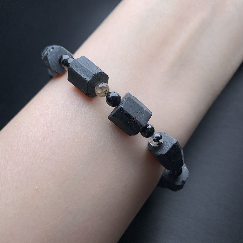 Women's & Men's Tourmaline Crystal Dazzling Black Grade Rough Stone Square Frosted Bracelets