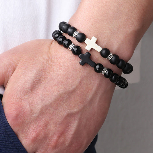 Frosted Obsidian Cross Hand-woven Distressed Retro Bracelets