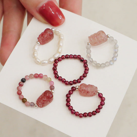 Women's Crystal Pearl Tourmaline Strawberry Elastic Simple Rings