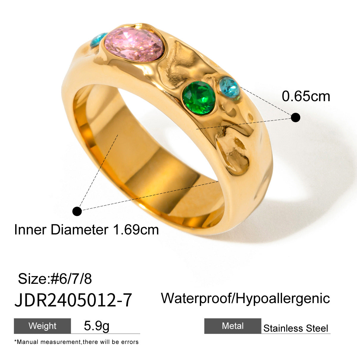 Women's Gold Stainless Steel Diamond Hammered Pink Rings