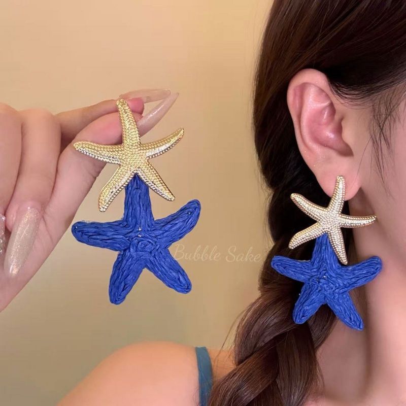 Island Holiday Blue Straw Starfish Female Exaggerated Personalized Seaside Vacation Earrings