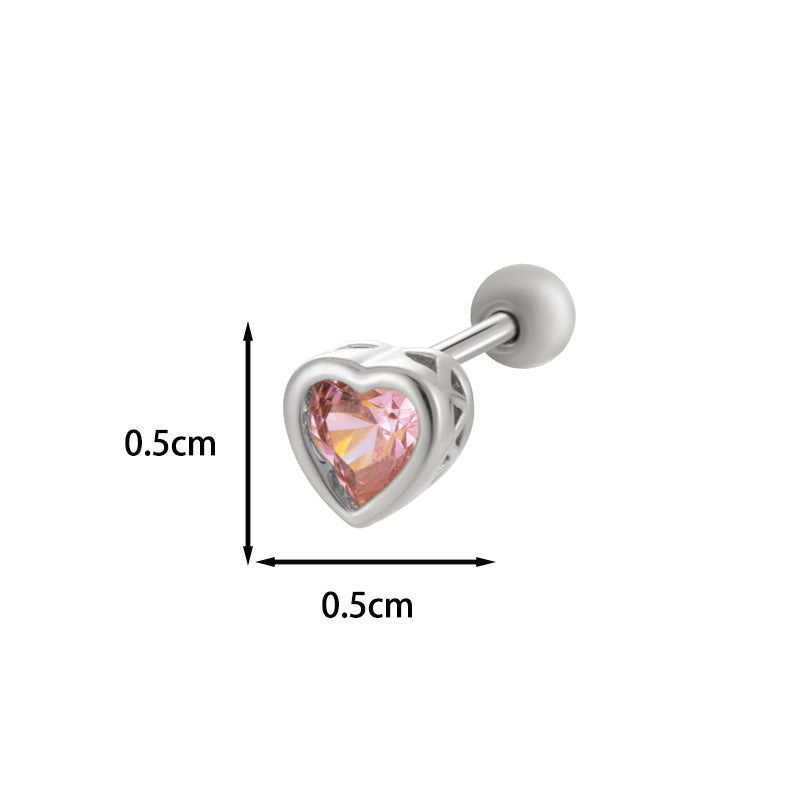 Loving Heart Zircon Ear Bone Pin Titanium Steel Screw Stud Earrings