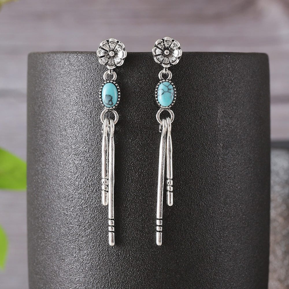 Simple Geometric Turquoise Tassel Vintage Flower Oval Earrings