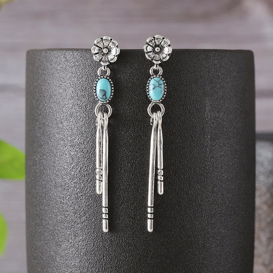 Simple Geometric Turquoise Tassel Vintage Flower Oval Earrings