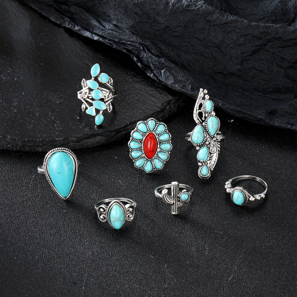 Vintage Bohemian Drop-shaped Carved Red With Hollow Design Turquoise Rings