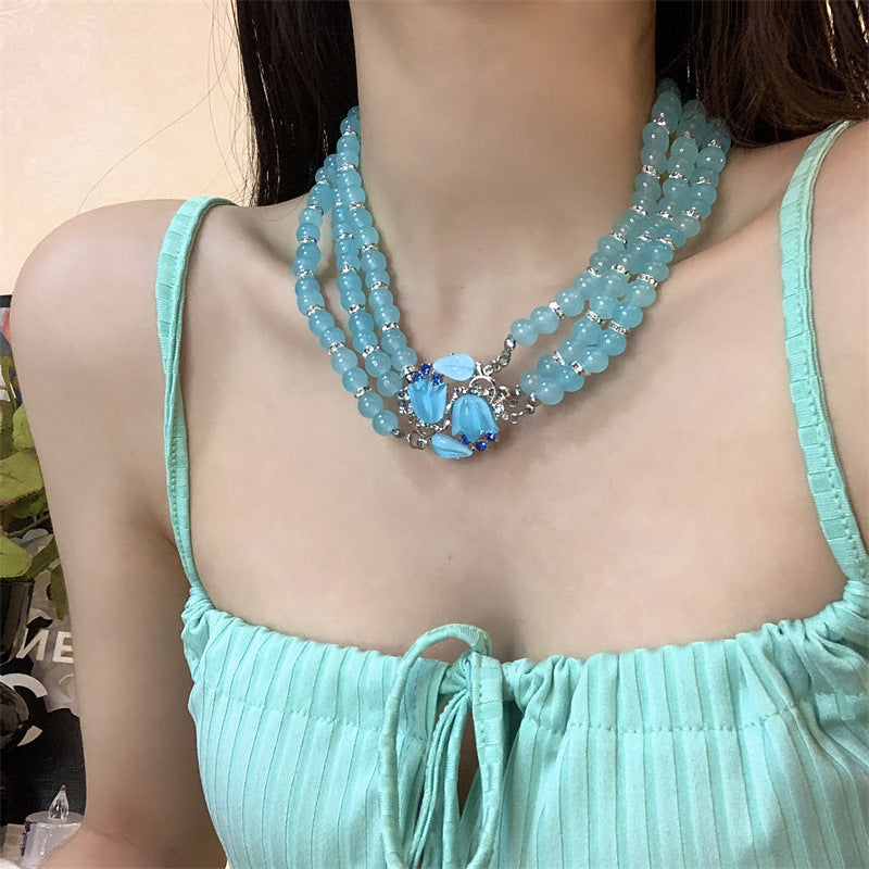 Blue Beaded Summer Cool Light Lily Necklace