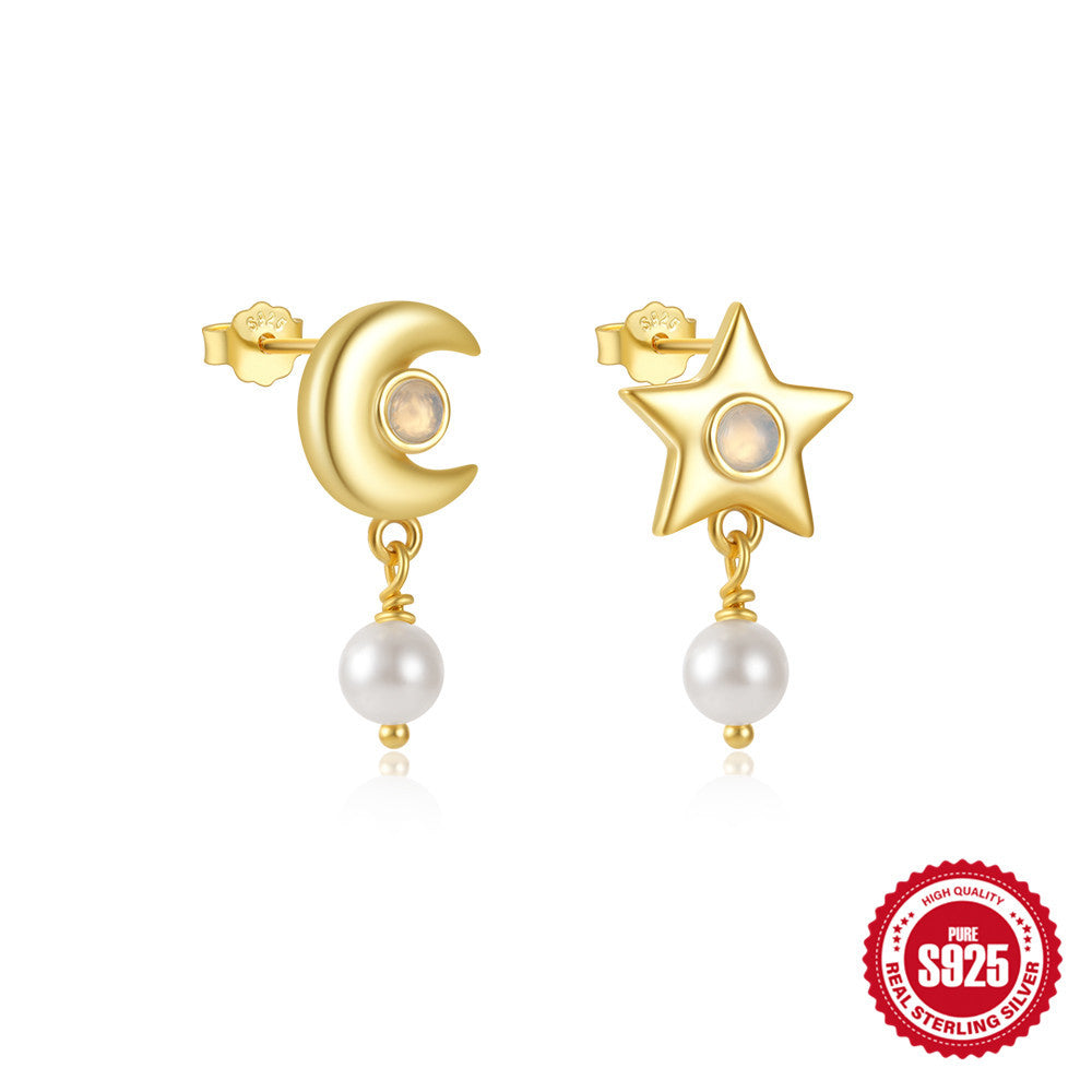 Women's Sier Star Moon Pearl Moonstone Jeweled Earrings