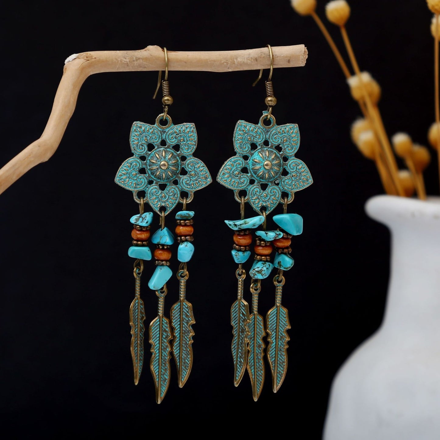 Turquoise Bohemian Palm Owl Bronze Carved Geometric Feather Earrings