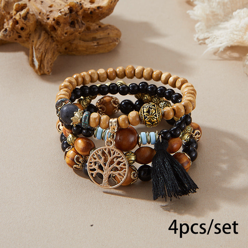 Bohemian Style Wooden Bead Beaded Elastic Bracelet