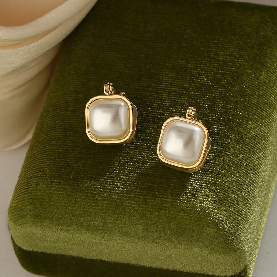 Sier Geometric Square Double-sided Pearl Model Advanced Design Earrings