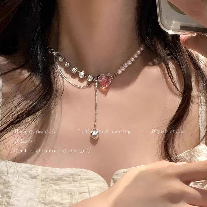 Women's Pink Heart-shaped Zircon Stitching Pearl High-grade Light Luxury Minority Necklace