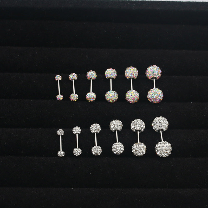 Steel Double-headed Thread Full Diamond Piercing Elegant Stud Earrings