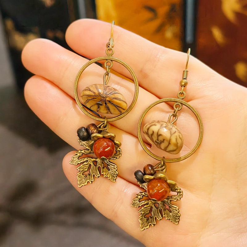 Palace Niche Exotic Plant Dried Fruit Maple Leaf Dangling Earrings