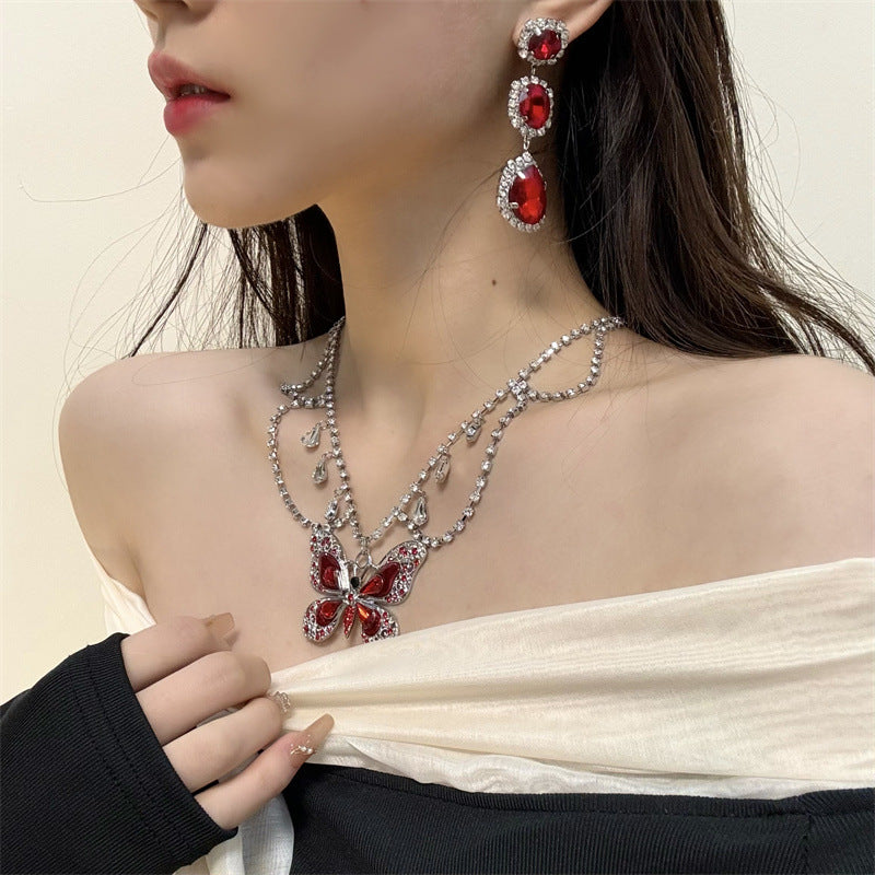 Red Butterfly Tassel Diamond Female Niche Temperament Necklaces