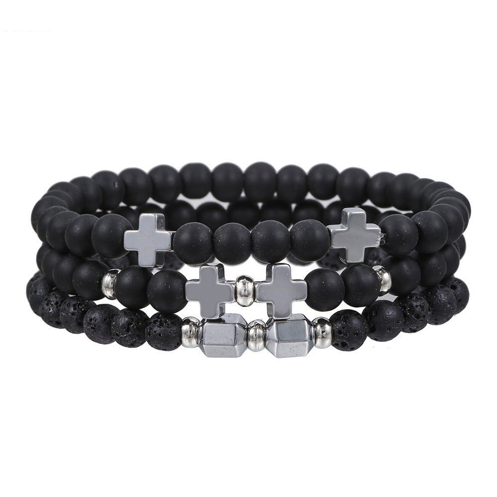 Men's Haematite Cross Beaded White Volcanic Stone Bracelets