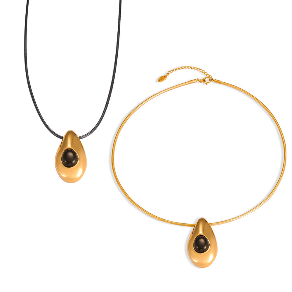 Women's Fashion Popular Titanium Steel Gold Plated Leather Rope Water Drop Necklaces