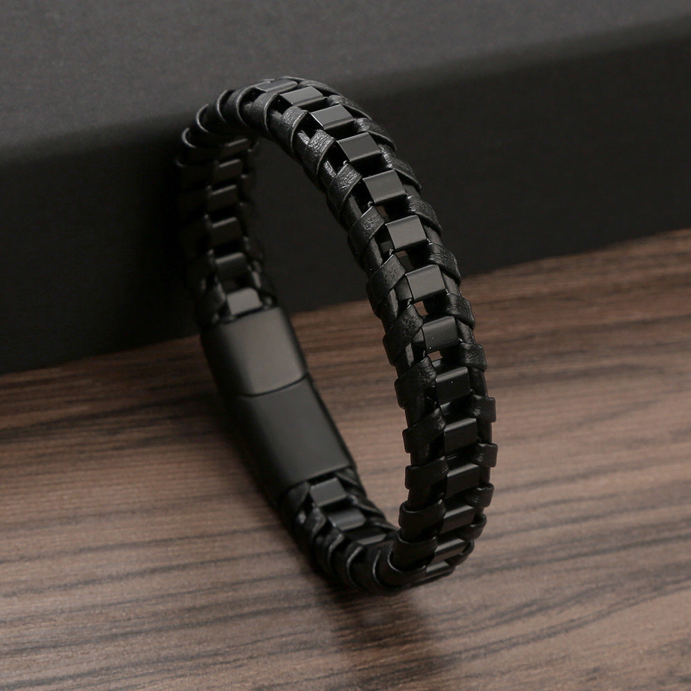 Men's Personality Stainless Steel Woven Leather Vintage Bracelet