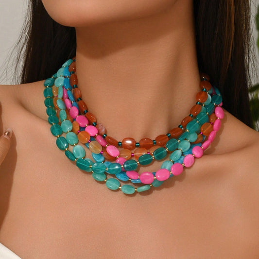 Women's Summer Bohemian Simple Fashion Color Oval Necklaces