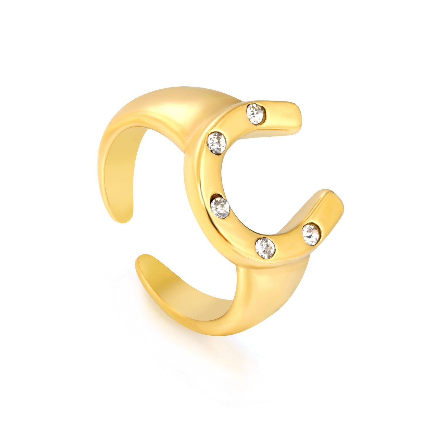 Creative Horseshoe U-shaped With Small Round Diamond Open Stainless Steel Ring