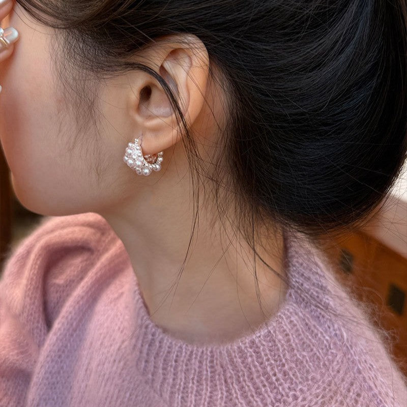 Women's Light Pink Pearl Small Flower Basket Ear Clip Earrings