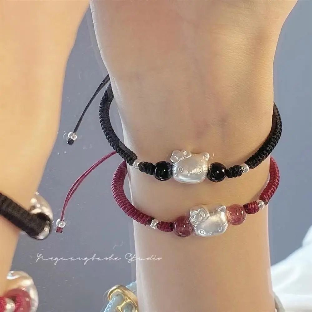 Cat Obsidian Strawberry Female Lucky Beads Woven Couple Girlfriends Bracelet