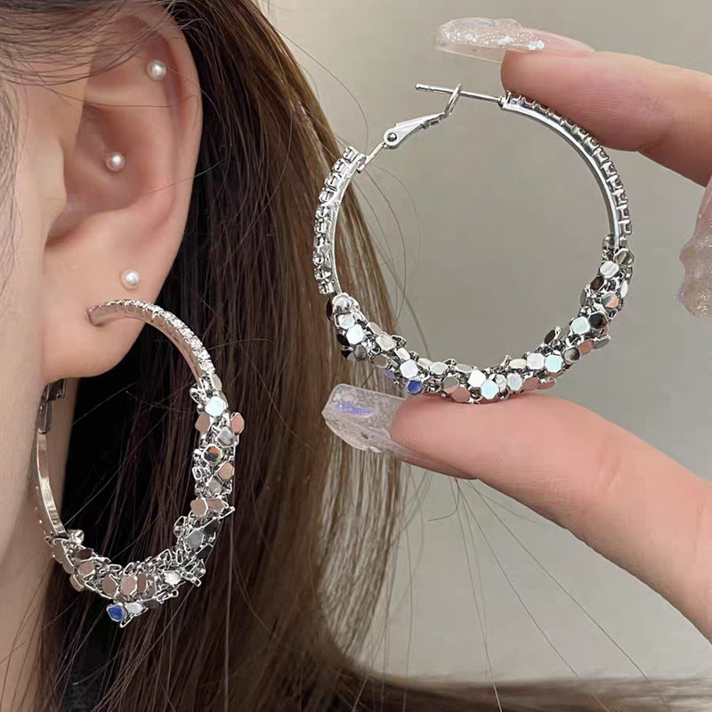 Women's Super Shiny Sier Rhinestone Big Hoop Light Luxury Earrings