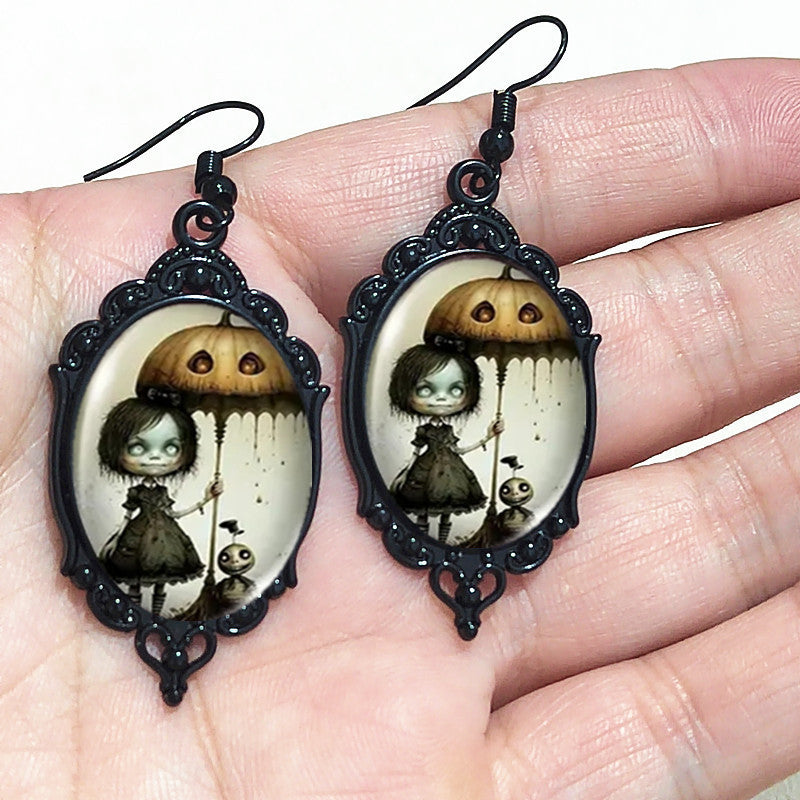 Women's Coffee Billion Ornament Gothic Personality Halloween Oval Earrings