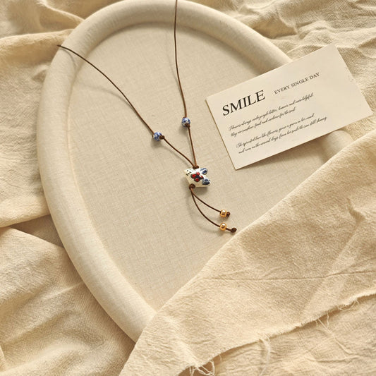 Women's Braid Rope Ceramic Bird Blue White Porcelain Beads Adjustable National Necklace