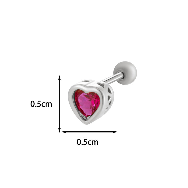 Loving Heart Zircon Ear Bone Pin Titanium Steel Screw Stud Earrings