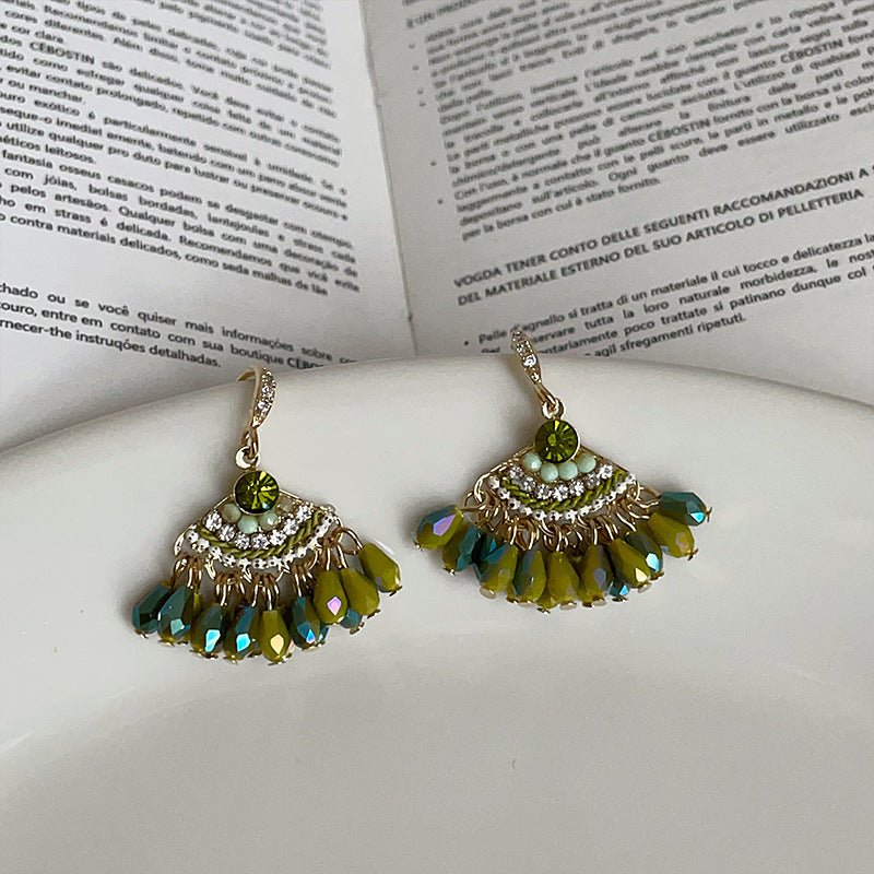 Fan-shaped Crystal Tassel Ear Hook Female Niche Design Earrings