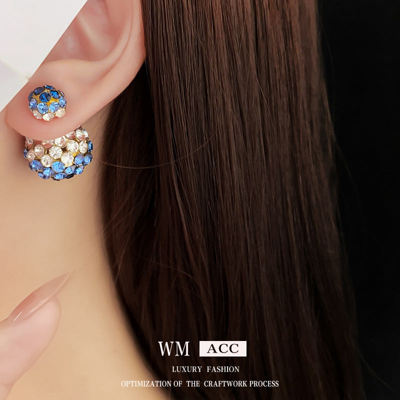Women's Needle Blue Diamond Round Front Rear Two-way Exquisite Fashion Light Earrings
