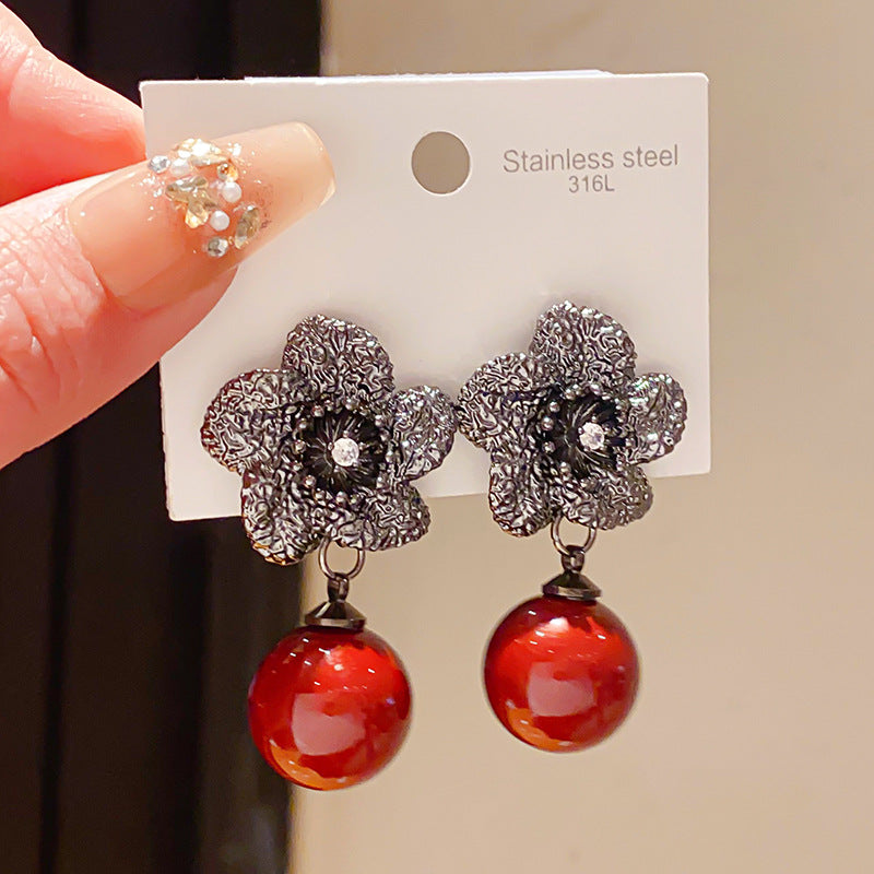 Women's Sier Needle Light Luxury Zircon Flower Artificial Pearl Style Niche Earrings