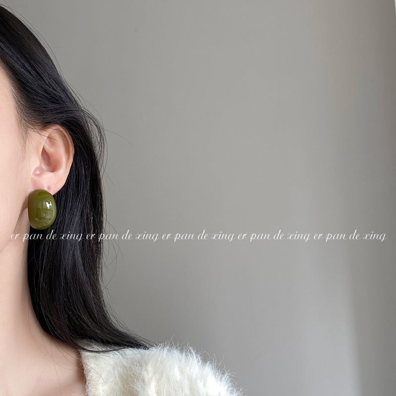 Style Semicircle Resin Female Sier Needle French Retro Personality Minimalism Earrings